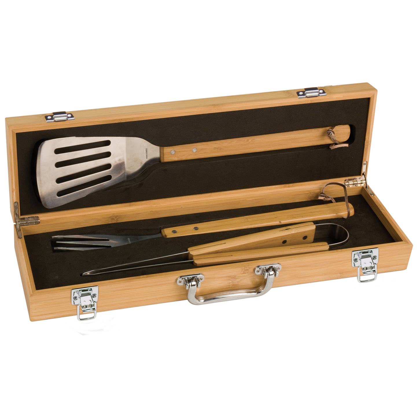 3-Piece Bamboo BBQ Set in Flip-Top Bamboo Case. Contact Us for Availability!