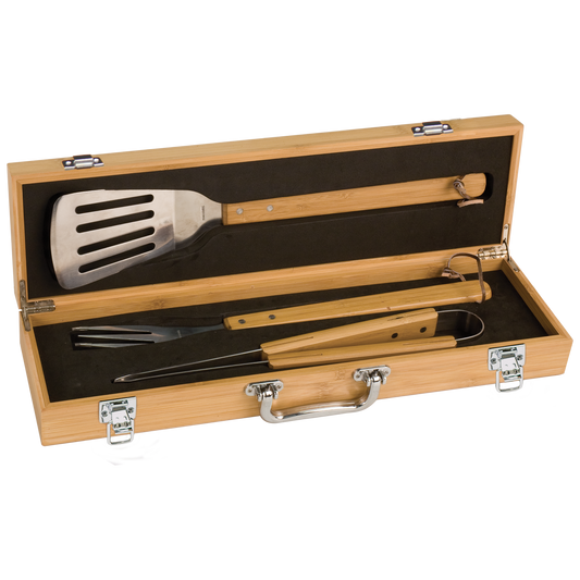 3-Piece Bamboo BBQ Set in Flip-Top Bamboo Case. Contact Us for Availability!