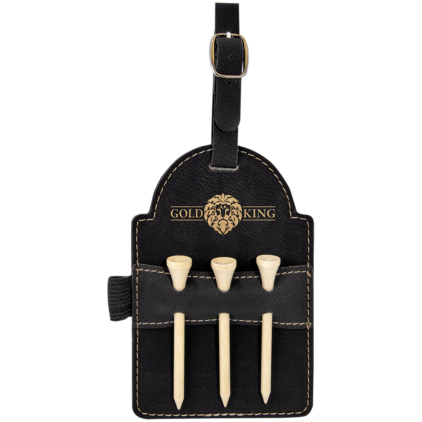 5" x 3 1/4" Black/Gold Leatherette Golf Bag Tag with 3 Wooden Tees