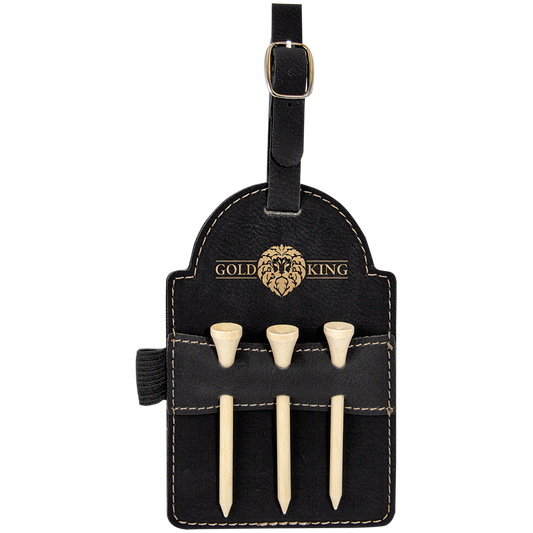 5" x 3 1/4" Black/Gold Leatherette Golf Bag Tag with 3 Wooden Tees