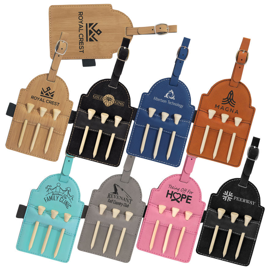 5" x 3 1/4" Bamboo Leatherette Golf Bag Tag with 3 Wooden Tees