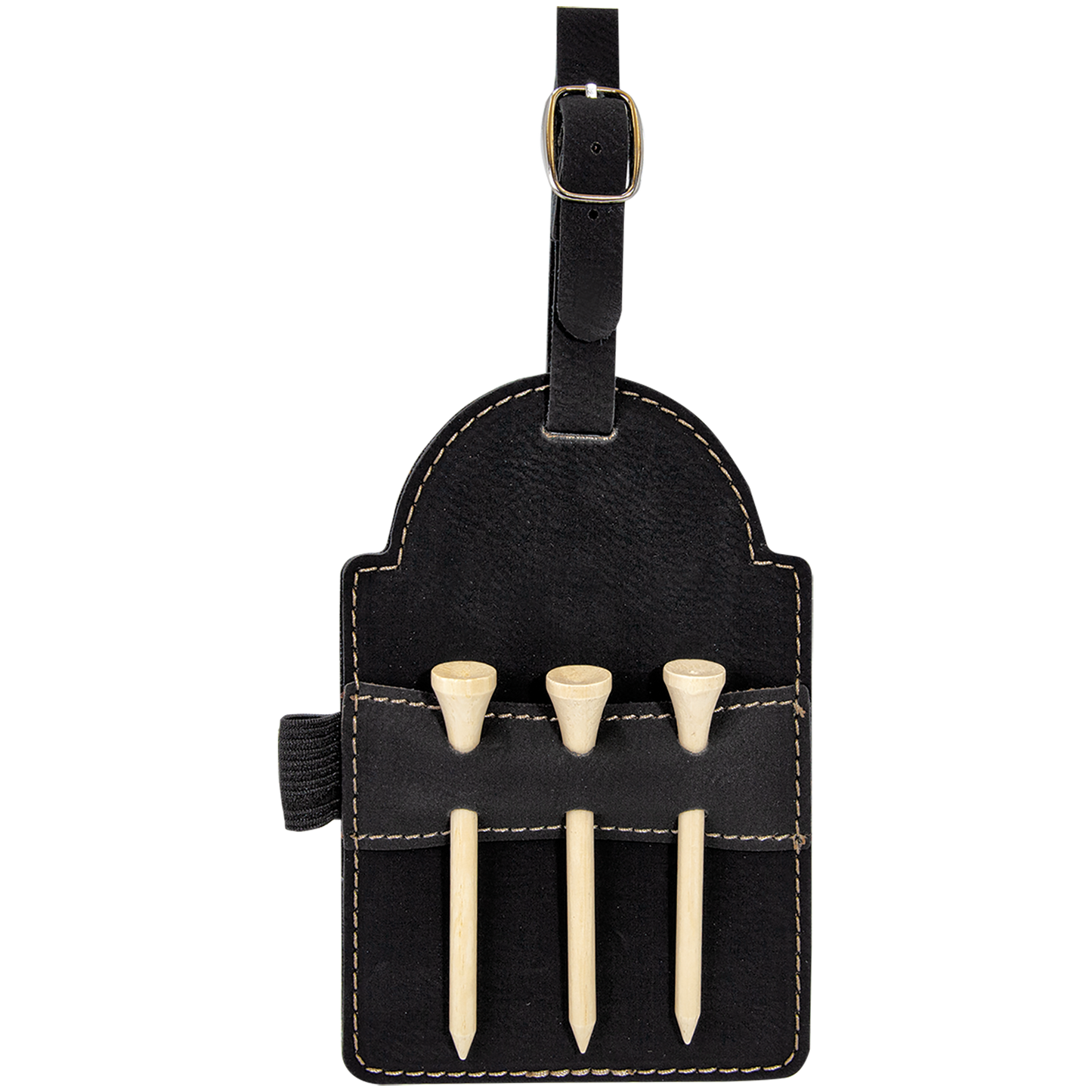 5" x 3 1/4" Black/Gold Leatherette Golf Bag Tag with 3 Wooden Tees