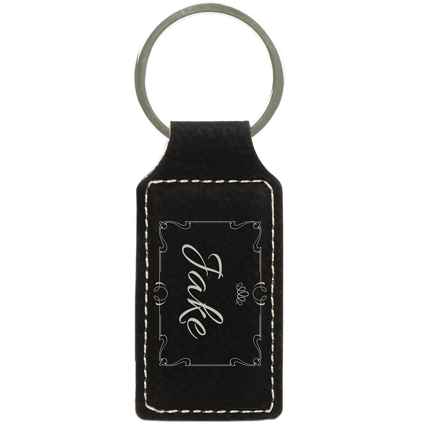 B.O.G.O. 2 3/4" x 1 1/4" Black/Silver Leatherette Rectangle Keychain