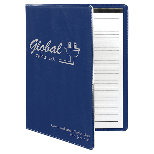Custom Engraved 9 1/2" x 12" Blue/Silver Leatherette Portfolio with Notepad