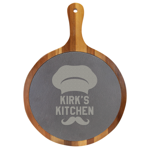 Custom Engraved 10 1/2" x 14 1/2" Round Acacia Wood/Slate Serving Board with Handle