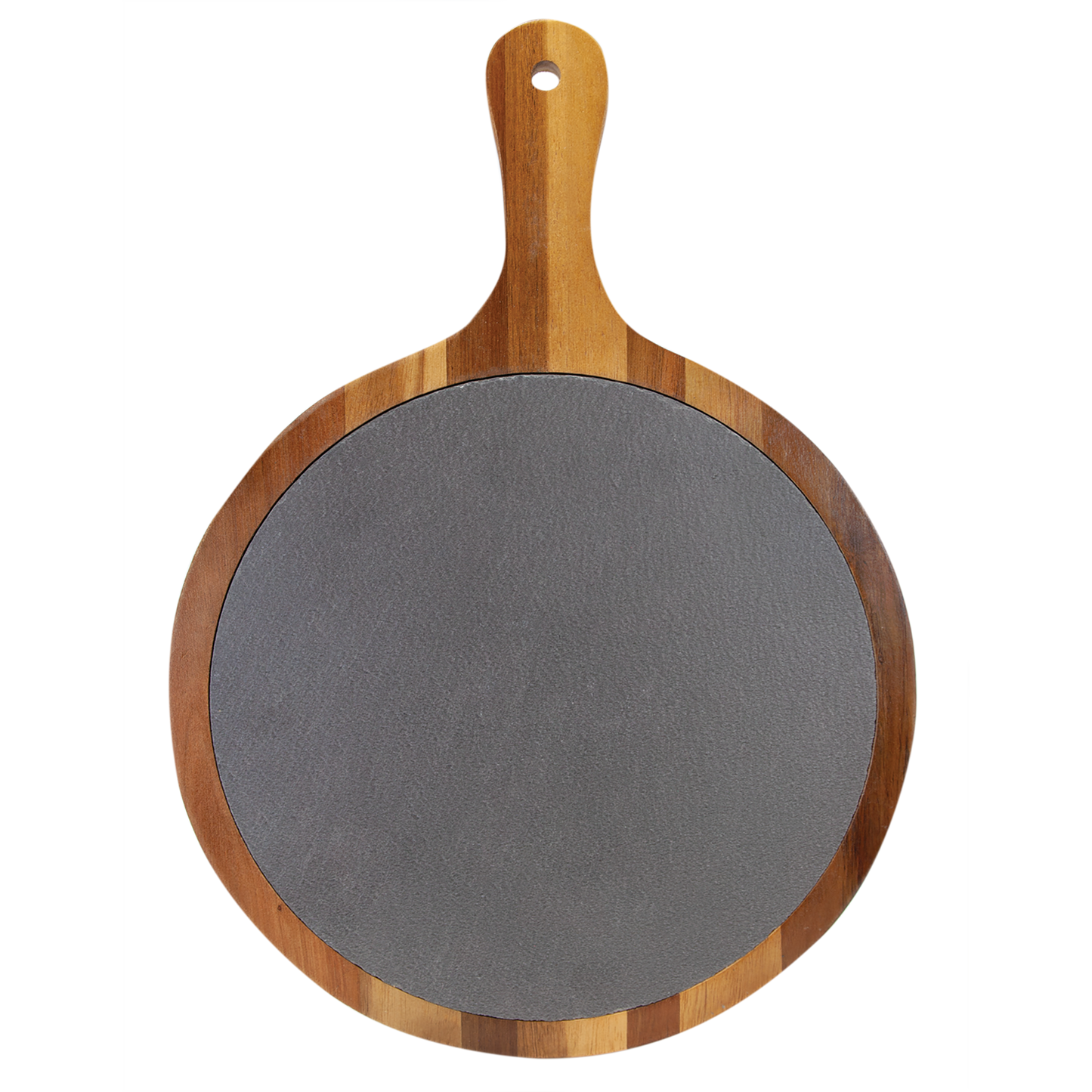 Custom Engraved 10 1/2" x 14 1/2" Round Acacia Wood/Slate Serving Board with Handle