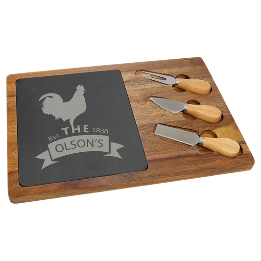 Custom Engraved 13 3/4" x 9 3/4" Acacia Wood/Slate Rectangle Cheese Set with Three Tools