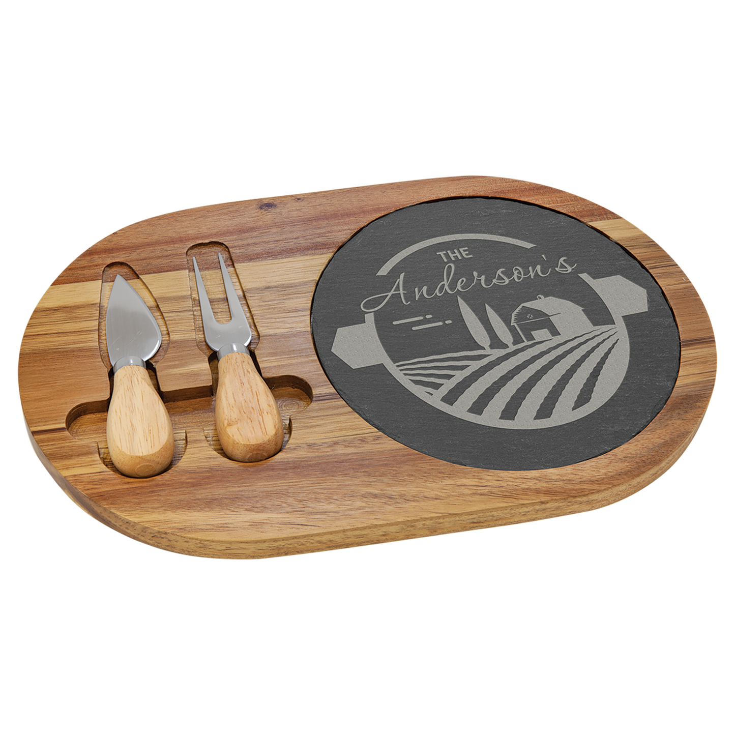 Custom Engraved 12 1/2" x 7 3/4" Acacia Wood/Slate Oval Cheese Set with Two Tools